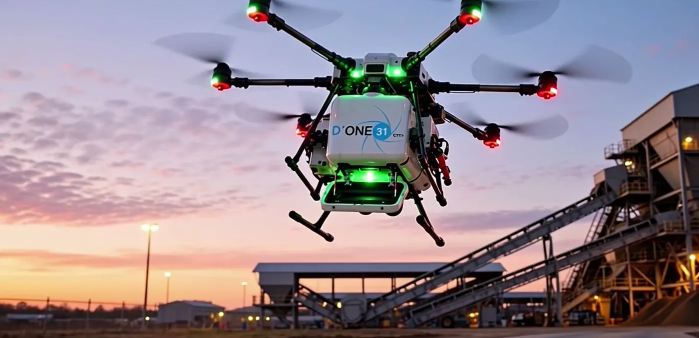 Image du film Denjean : un drone D'ONE 31 au-dessus d'une installation de carrière au crépuscule