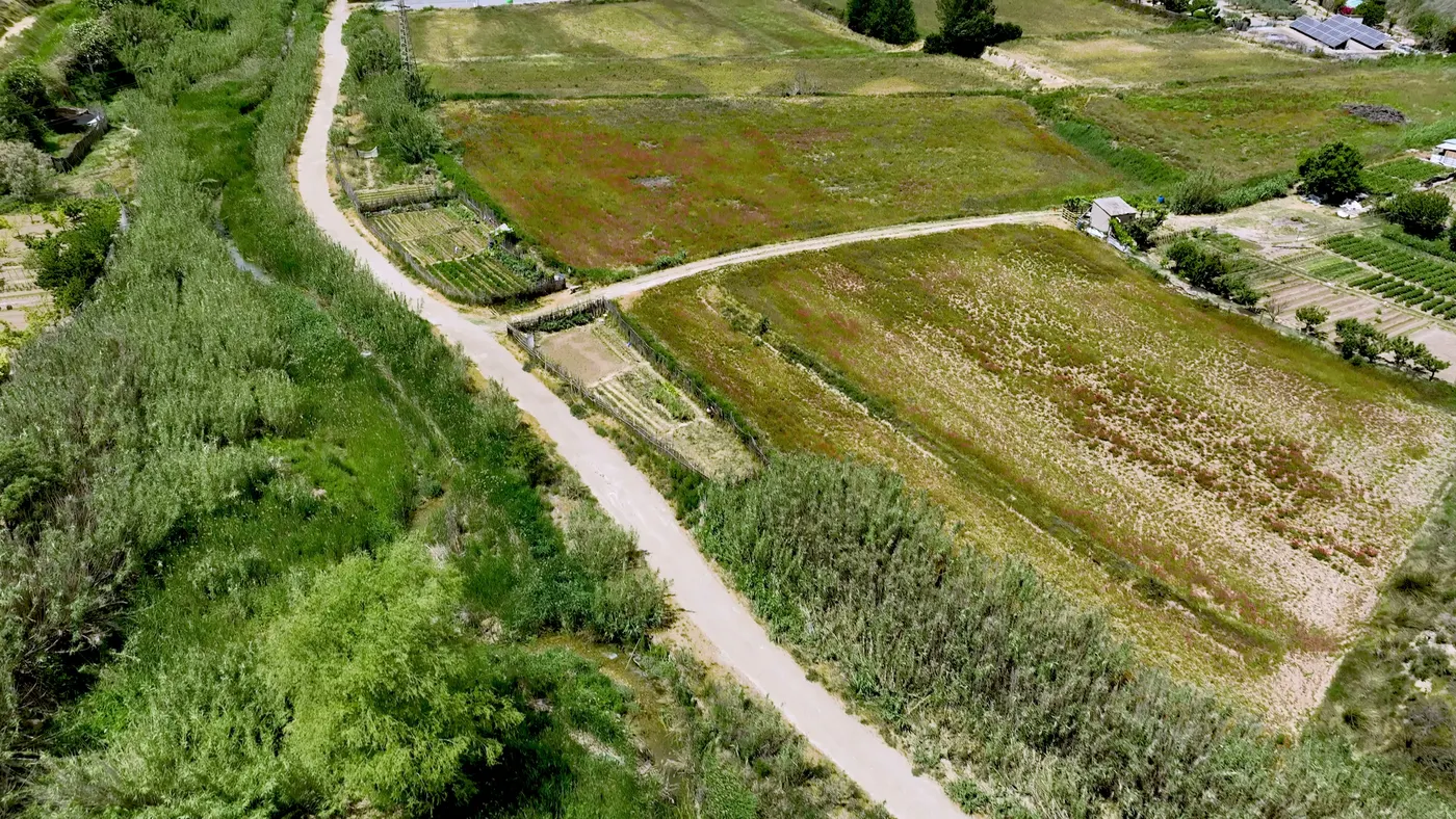 Chemins et parcelles agricoles au pied d'une ville d'Aragon, vue aérienne